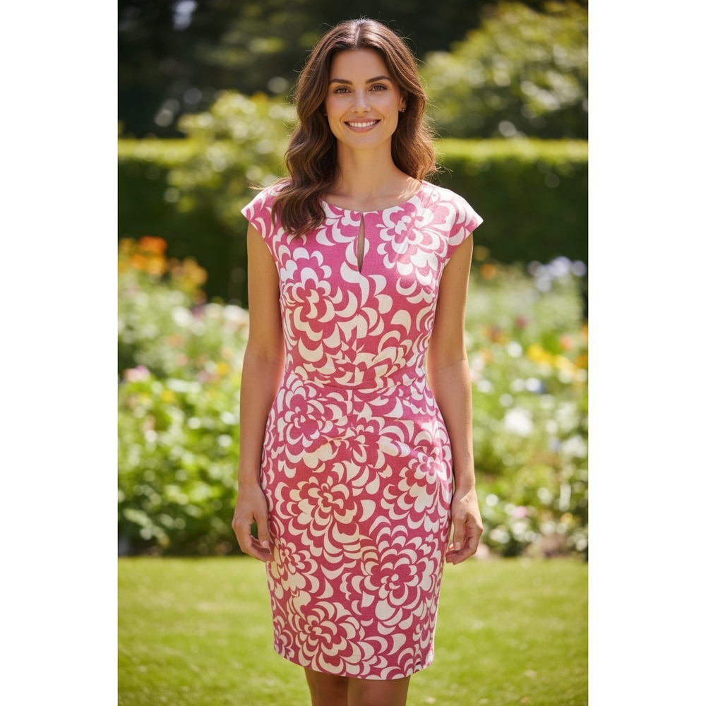 Jessica Howard Pink White Linen Floral Midi Dress Size 8 NWT